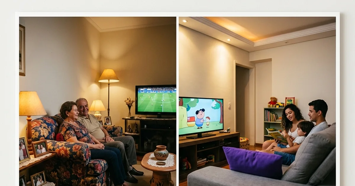 Duas salas diferentes apresentadas lado a lado, cada uma com pessoas assistindo à televisão.