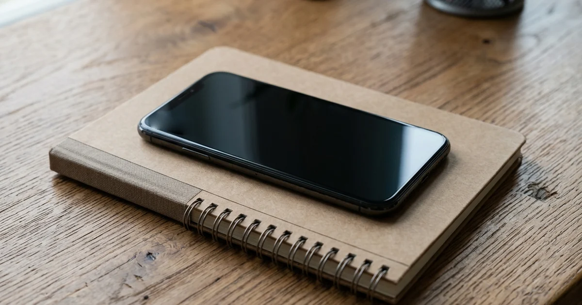 Celular preto de tela apagada deitado sobre um caderno espiral de capa parda numa mesa de madeira