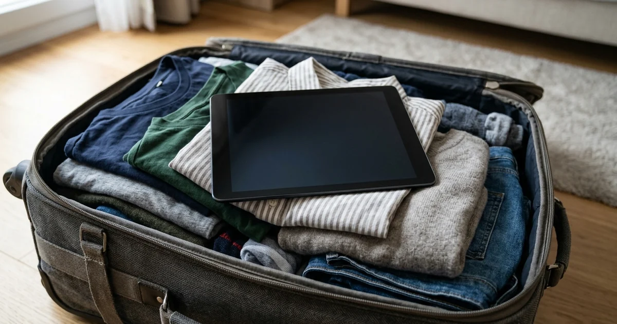 Tablet de tela apagada sobre roupas dobradas dentro de uma mala de viagem aberta