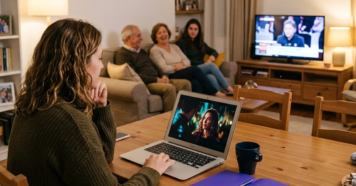 Pessoa usando um notebook à mesa enquanto outras pessoas assistem à televisão na sala.