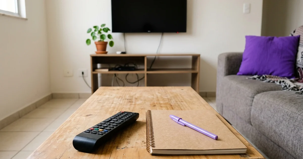 Controle remoto e caderno com caneta lilás sobre a mesa de centro, com a TV desligada ao fundo