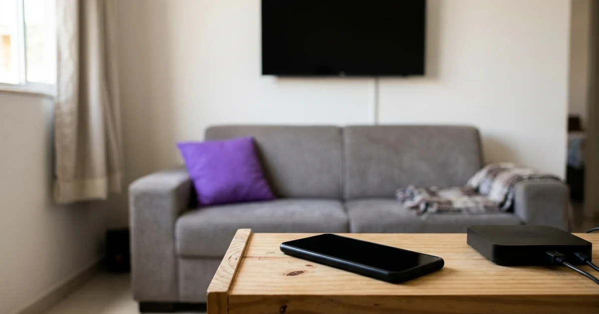 Celular de tela apagada e TV box sobre a mesa de centro, com sofá cinza e TV desligada ao fundo