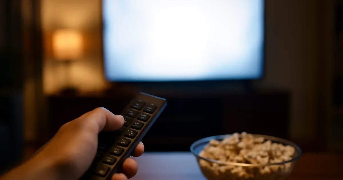 Controle remoto diante de uma TV desfocada e uma tigela de pipoca sobre a mesa.