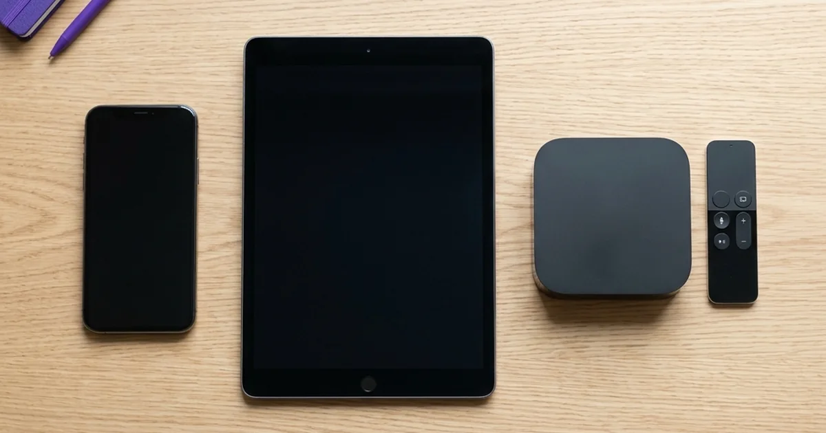 Celular, tablet, aparelho de streaming e controle alinhados sobre uma mesa clara.