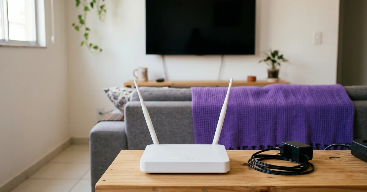 Roteador branco com antenas e cabo de energia sobre mesa de madeira, com sofá e manta roxa ao fundo