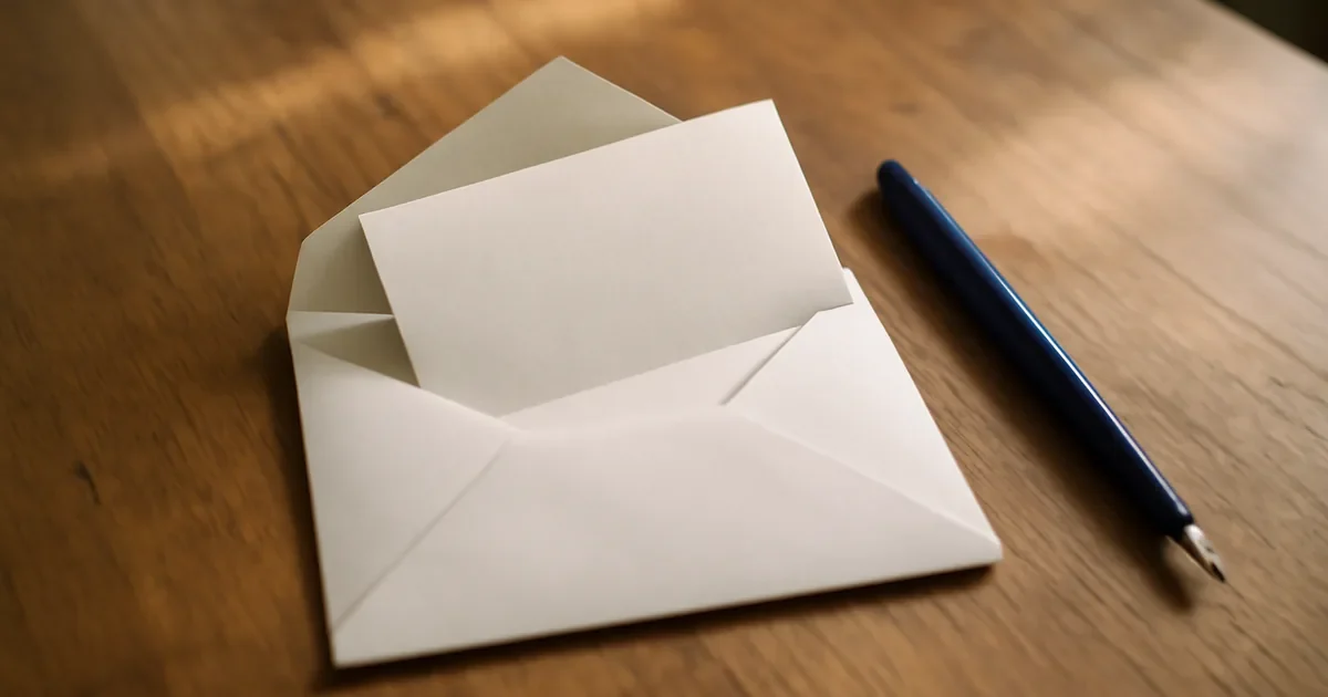 Envelope aberto com cartão em branco e caneta azul sobre uma mesa.