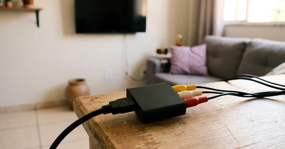 Conversor preto com cabos de áudio e vídeo coloridos sobre mesa de madeira, com a TV desligada ao fundo