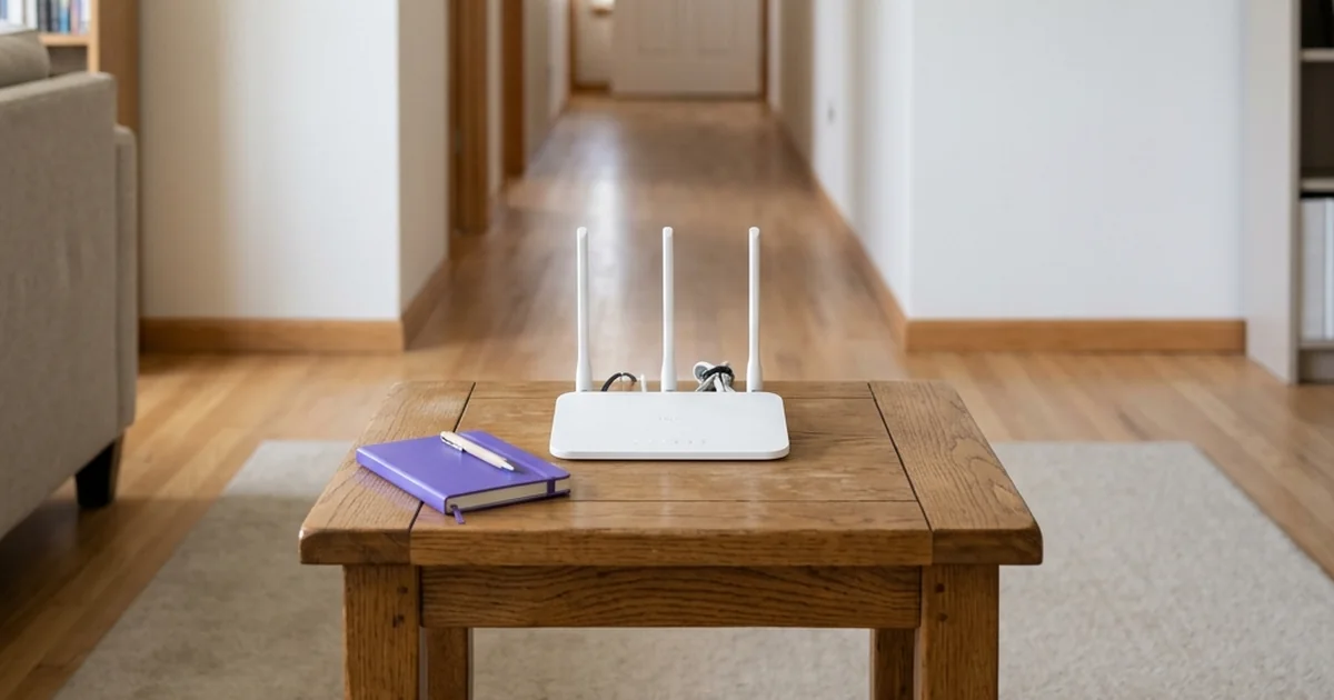 Roteador branco sobre uma mesa, diante de um corredor comprido.