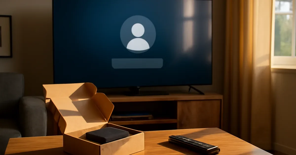 Aparelho preto em caixa aberta diante de uma TV com ícone genérico de usuário.