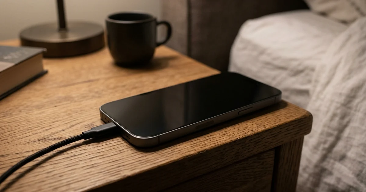 Celular de tela apagada ligado ao carregador sobre o criado-mudo, ao lado de caneca e livro