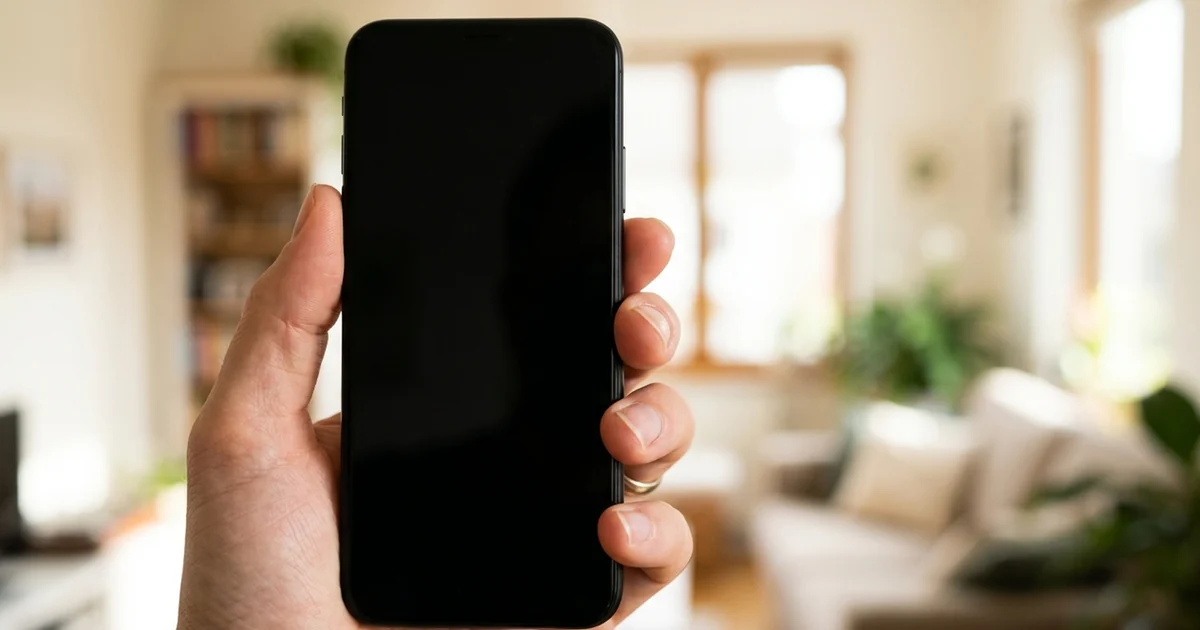 Mão segurando um celular de tela apagada na vertical, com a sala desfocada ao fundo