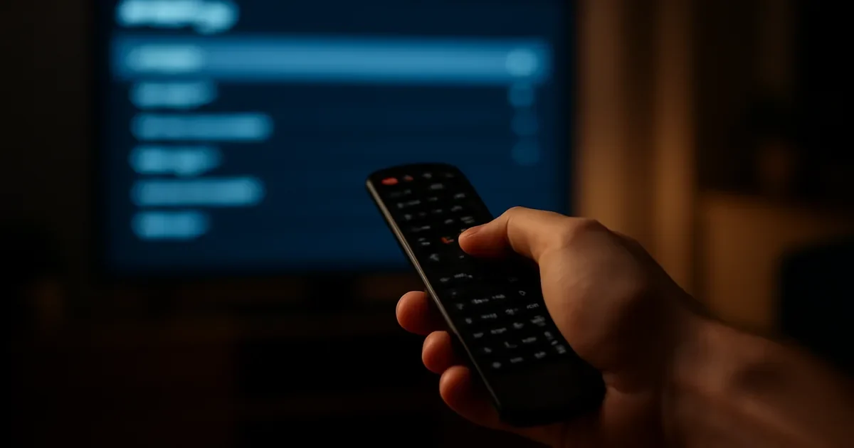Controle remoto diante de uma TV com uma lista azul desfocada.