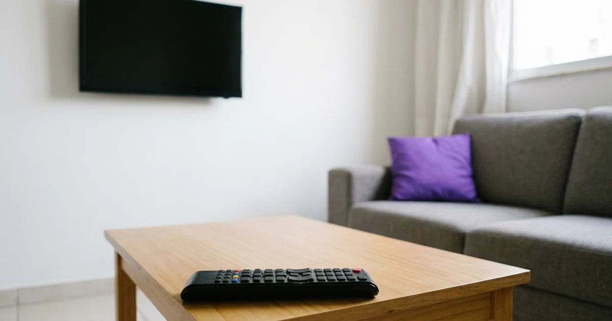 Controle remoto preto sobre a mesa de centro de madeira, com sofá cinza e TV desligada ao fundo