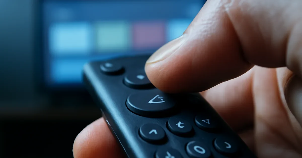 Dedo encosta em um botão triangular de um controle remoto diante de uma TV desfocada.