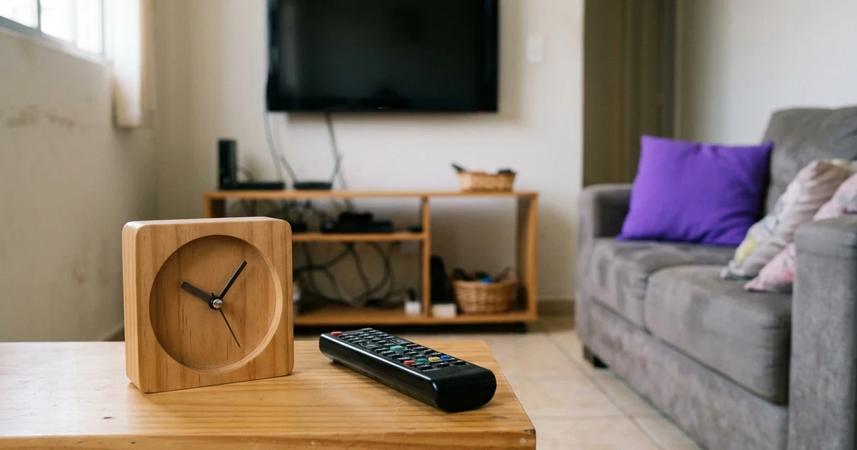 Relógio de madeira sem números e controle remoto sobre a mesa de centro, com a TV desligada ao fundo