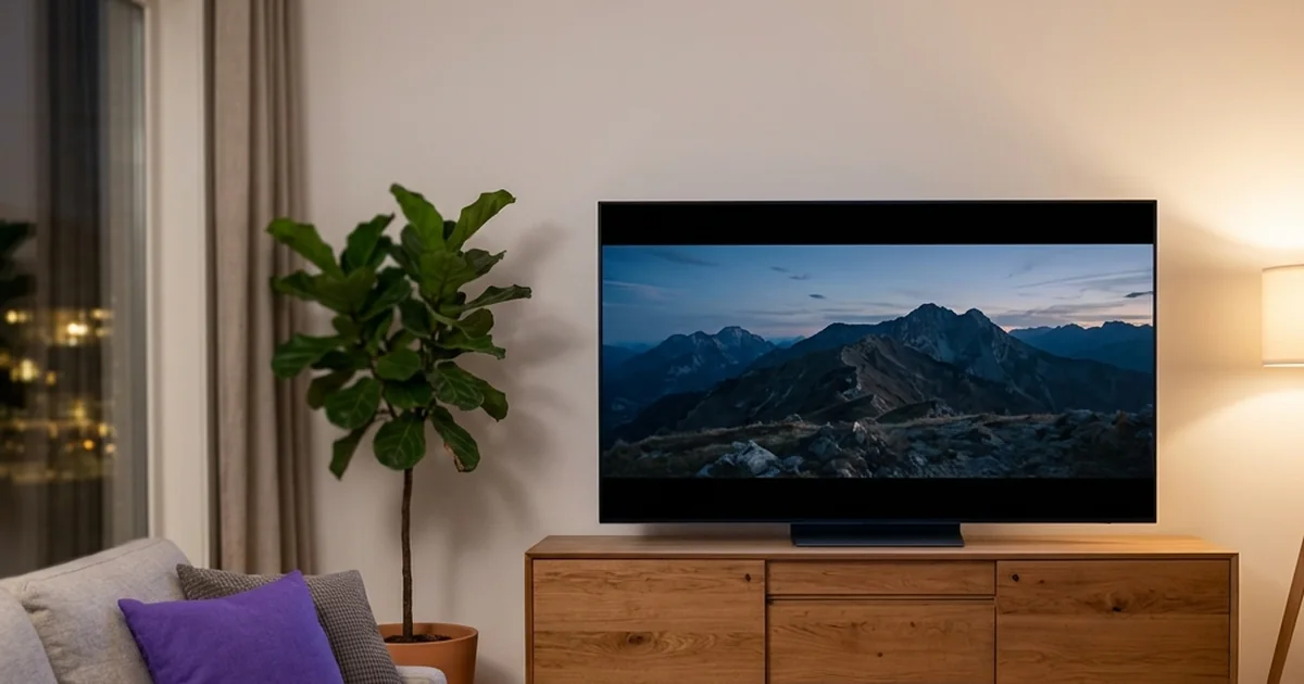 Televisão exibindo uma paisagem com faixas escuras acima e abaixo da imagem.