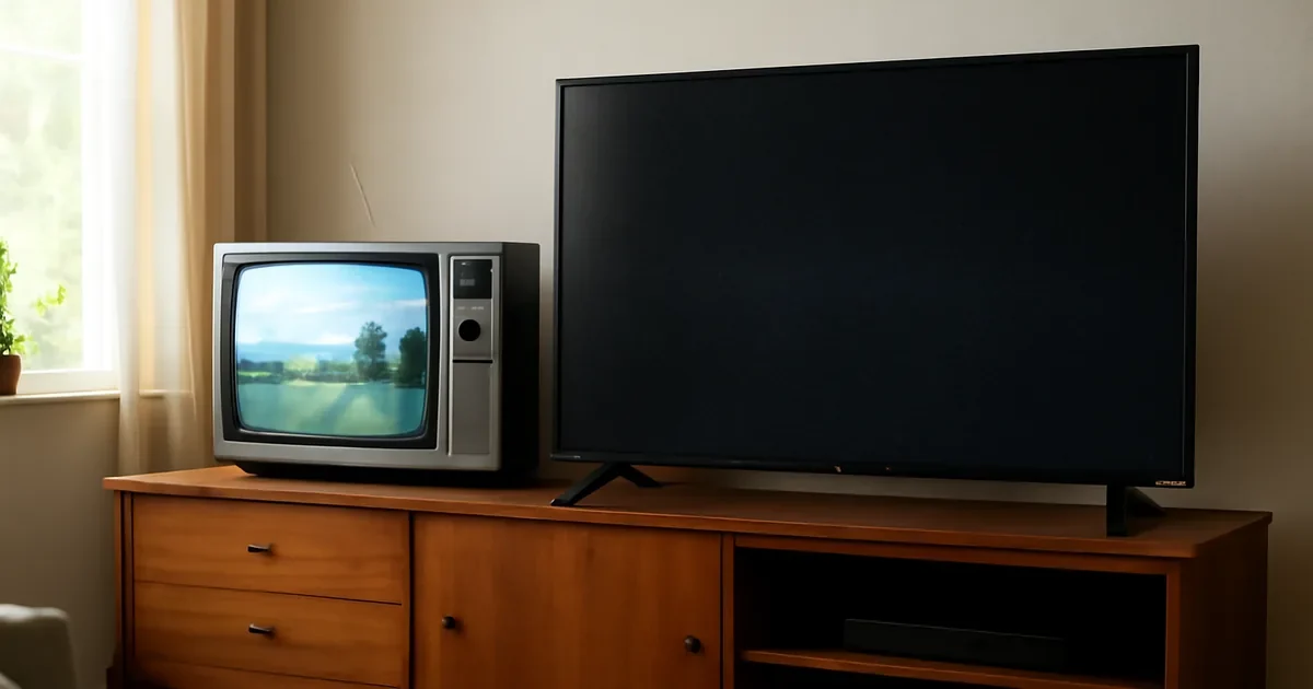 Televisão antiga de tubo e televisão moderna de tela plana lado a lado.