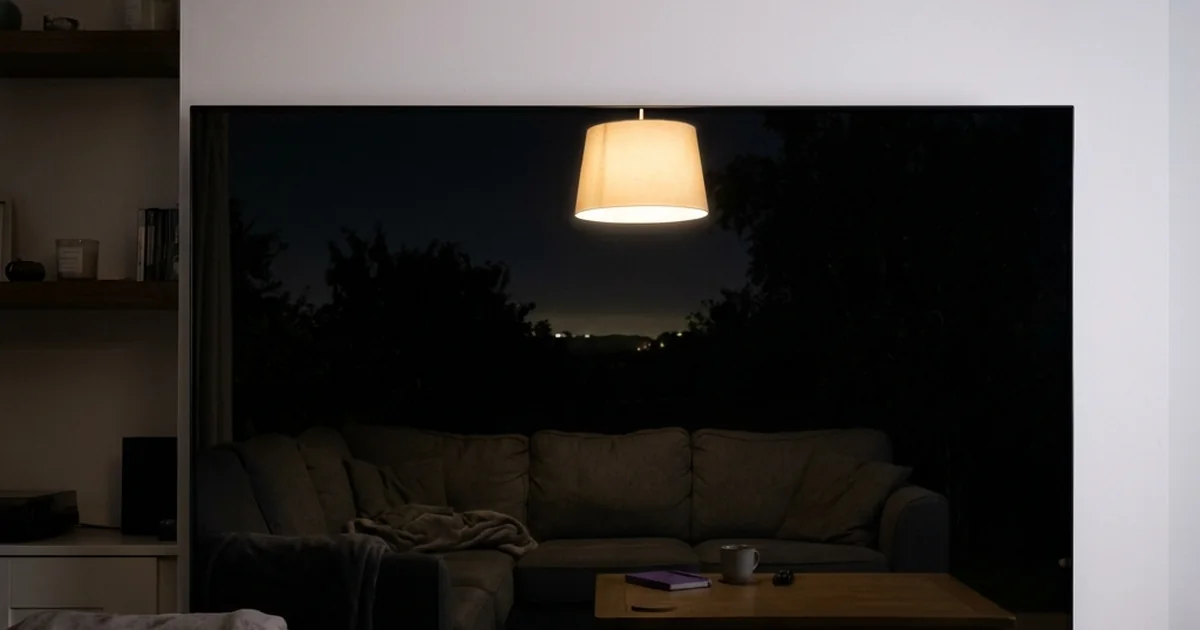 Luminária da sala refletida na superfície escura da televisão.