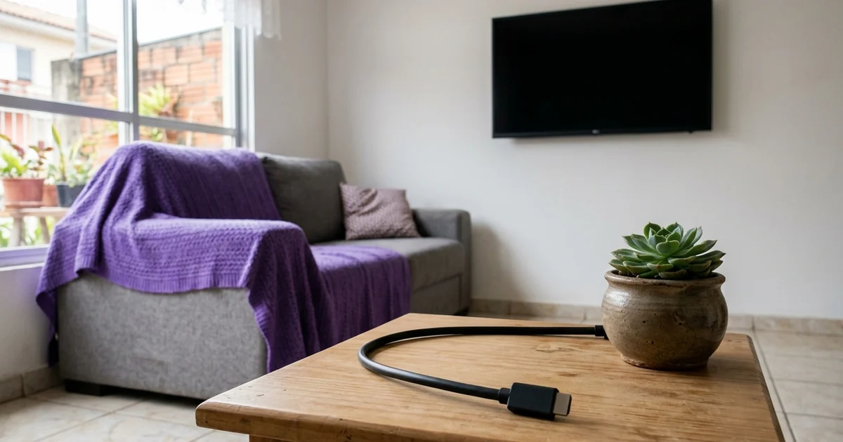 Cabo HDMI sobre a mesa de centro ao lado de um vaso de suculenta, com a TV desligada na parede