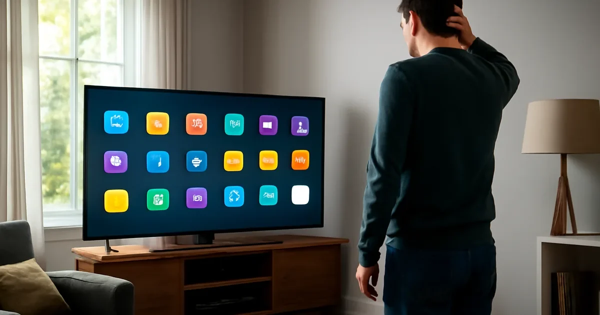 Pessoa observa uma TV com vários blocos coloridos de aplicativos.