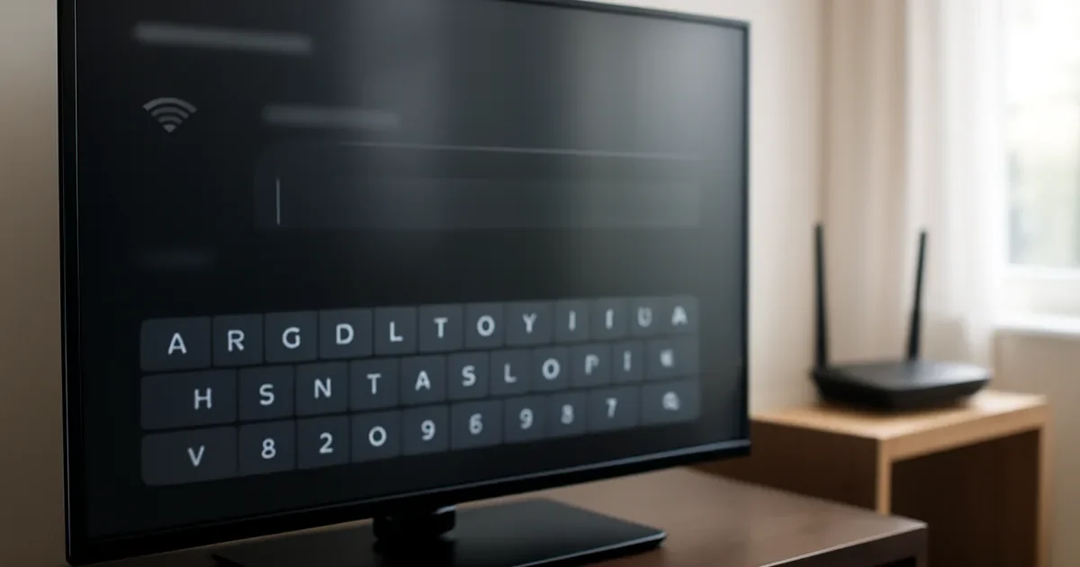 TV com teclado genérico aberto e roteador sobre o móvel ao fundo.