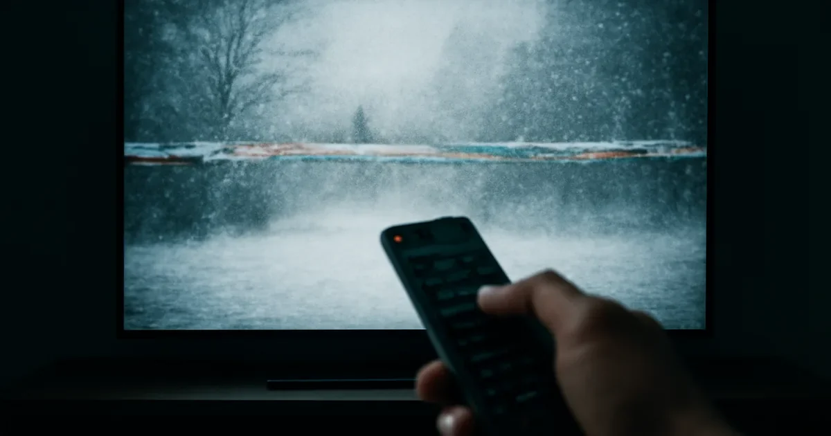 Controle remoto diante de uma TV que exibe uma paisagem de inverno.