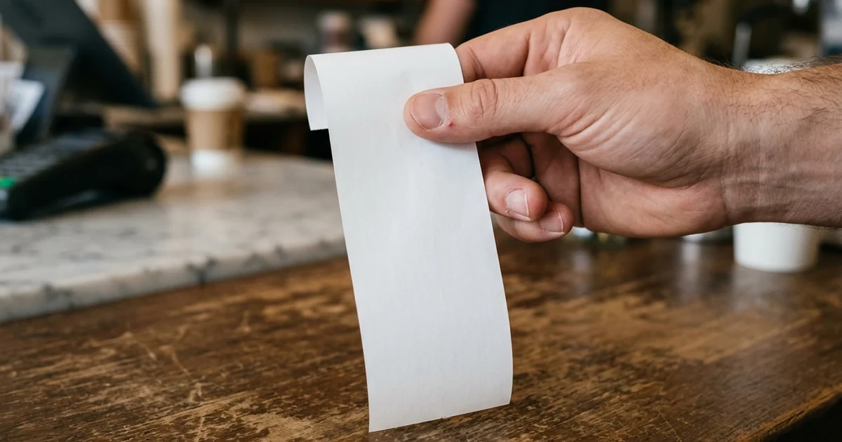Mão segurando um comprovante de papel em branco sobre o balcão de madeira de uma loja