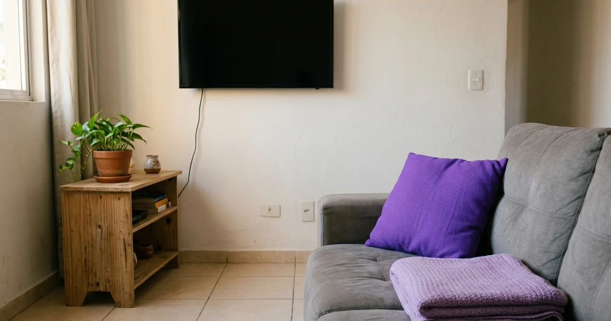 Sala com TV desligada na parede, estante de madeira com planta e sofá cinza com almofada roxa e manta lilás