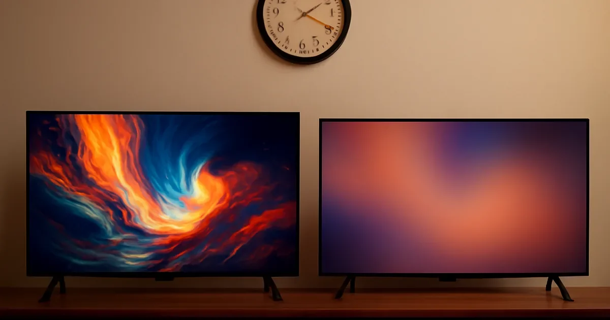 Duas TVs lado a lado, uma com imagem colorida definida e outra com imagem desfocada.