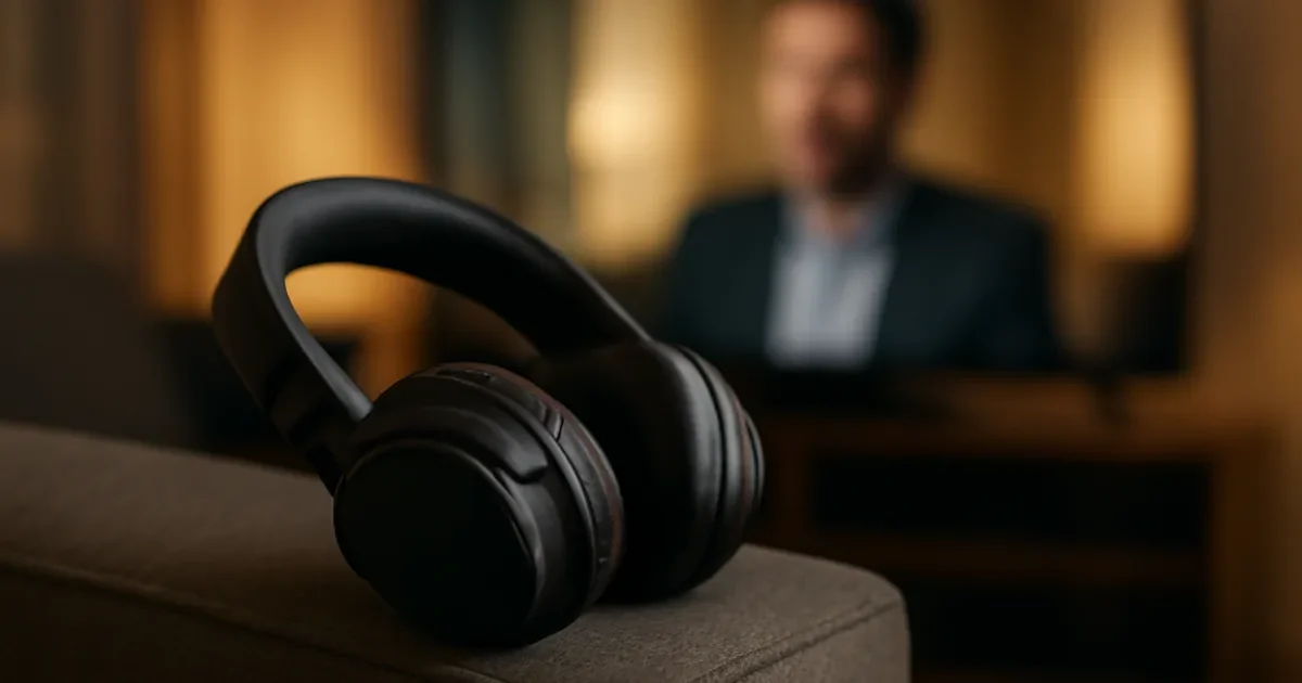 Fone de ouvido preto apoiado no sofá diante de uma televisão desfocada.