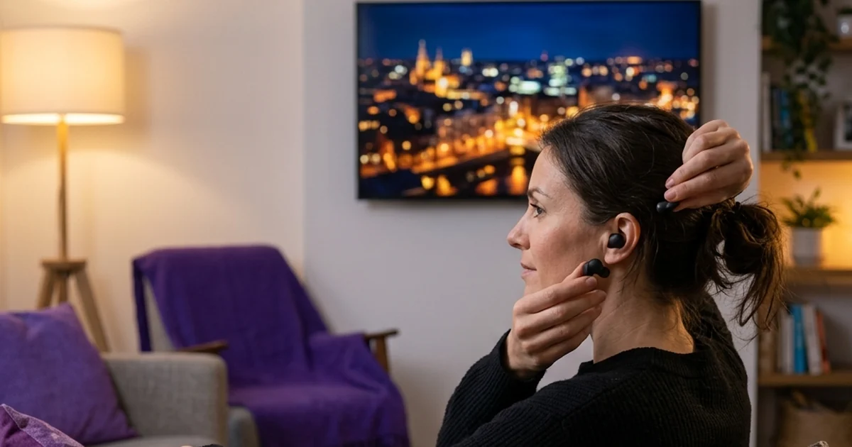 Pessoa sentada no sofá com um fone junto à orelha e uma televisão ao fundo.