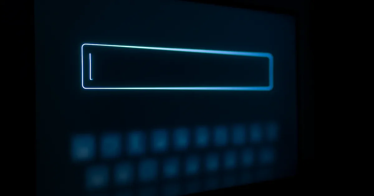 Campo de texto azul em uma TV com teclado escuro desfocado abaixo.