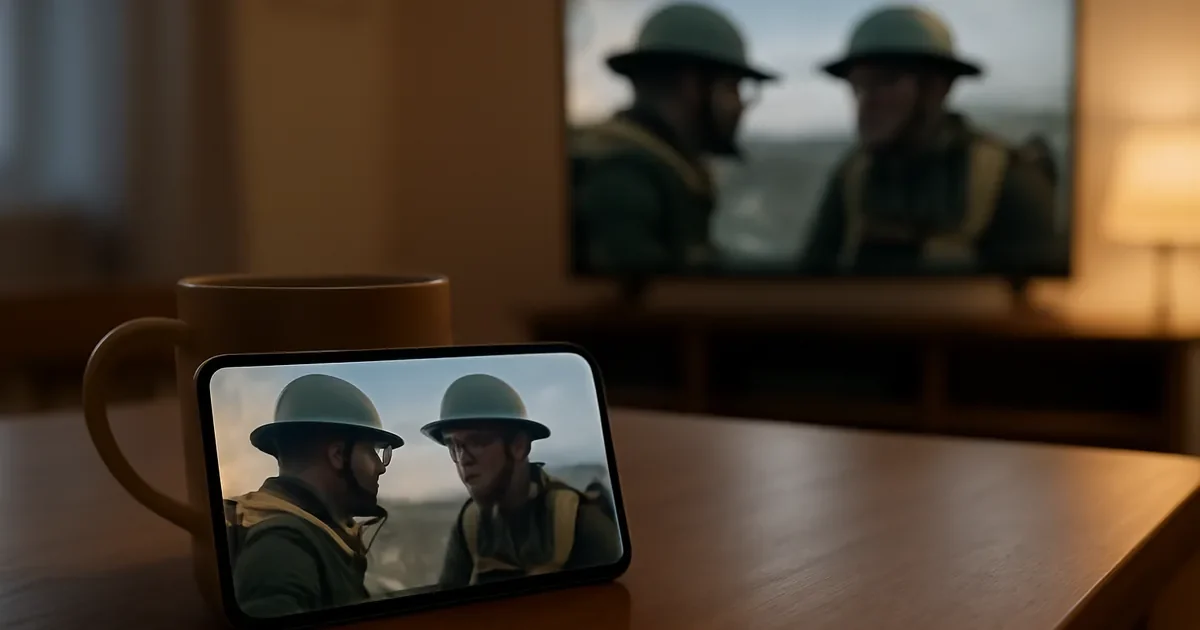 Celular apoiado sobre uma mesa e televisão ao fundo mostram dois personagens com capacetes.