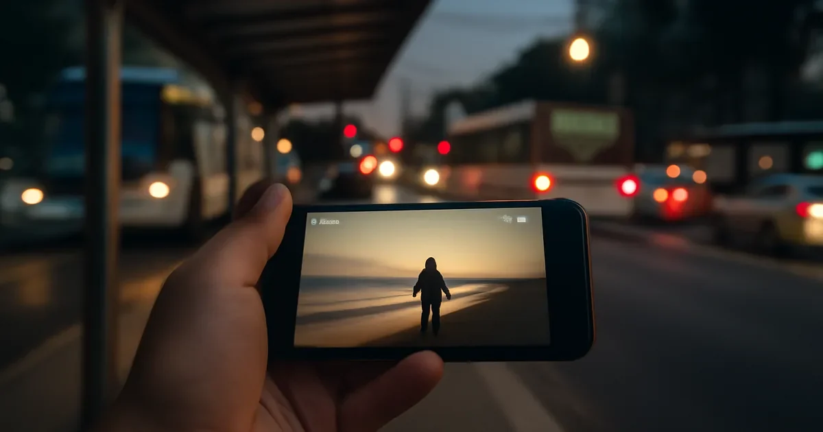 Mão segura um celular na horizontal diante de uma rua com ônibus; a tela mostra uma pessoa na praia.