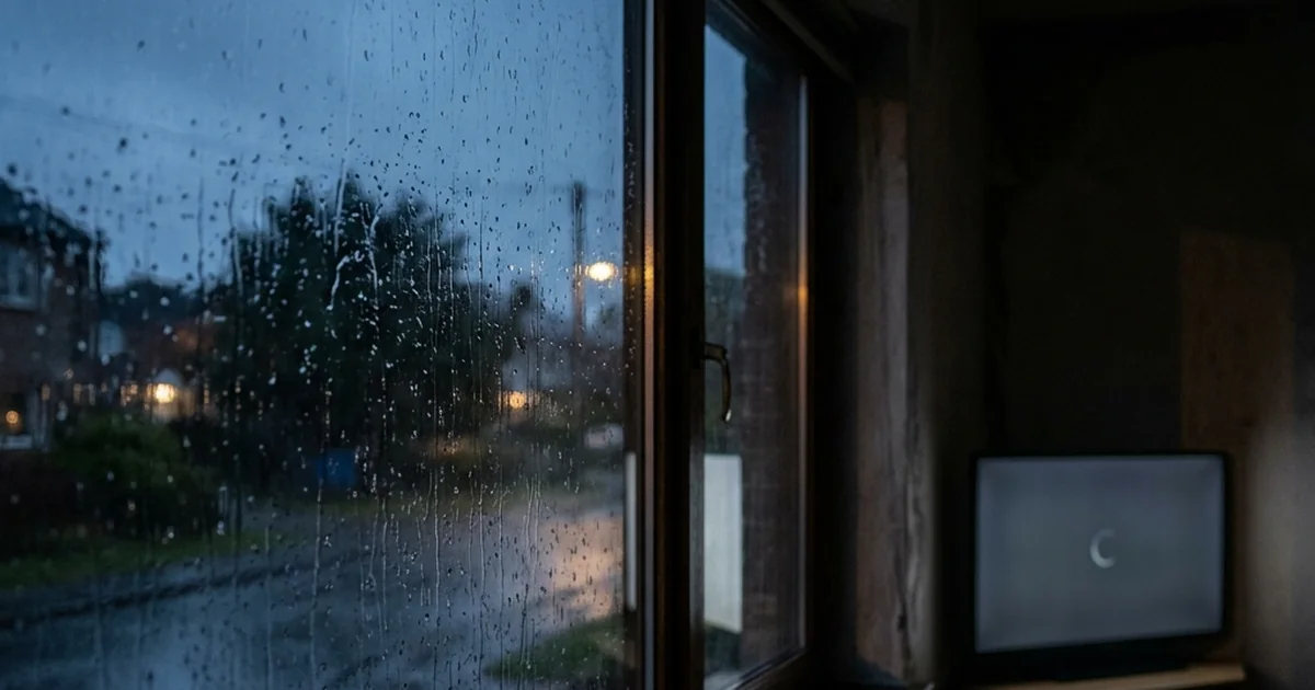 Janela molhada pela chuva, com uma televisão ao fundo da sala escura.