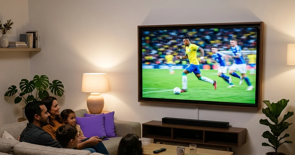 Pessoas no sofá assistem a uma partida de futebol na televisão da sala.