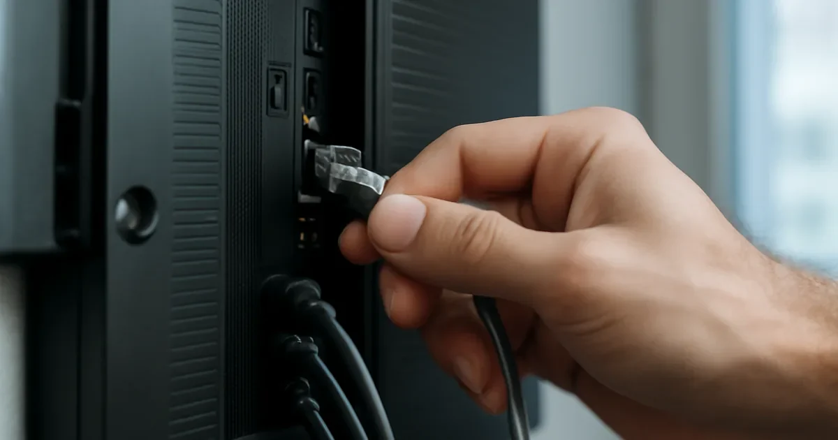Mão encaixa um conector de cabo Ethernet na traseira de uma televisão.