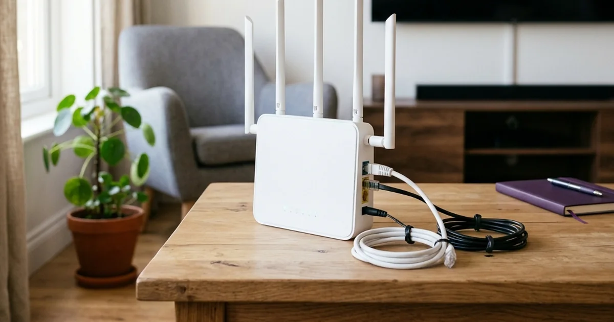 Roteador branco vertical com antenas e cabos sobre a mesa da sala.