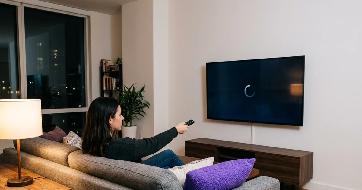 Pessoa no sofá aponta o controle para uma TV com um círculo sobre a tela escura.