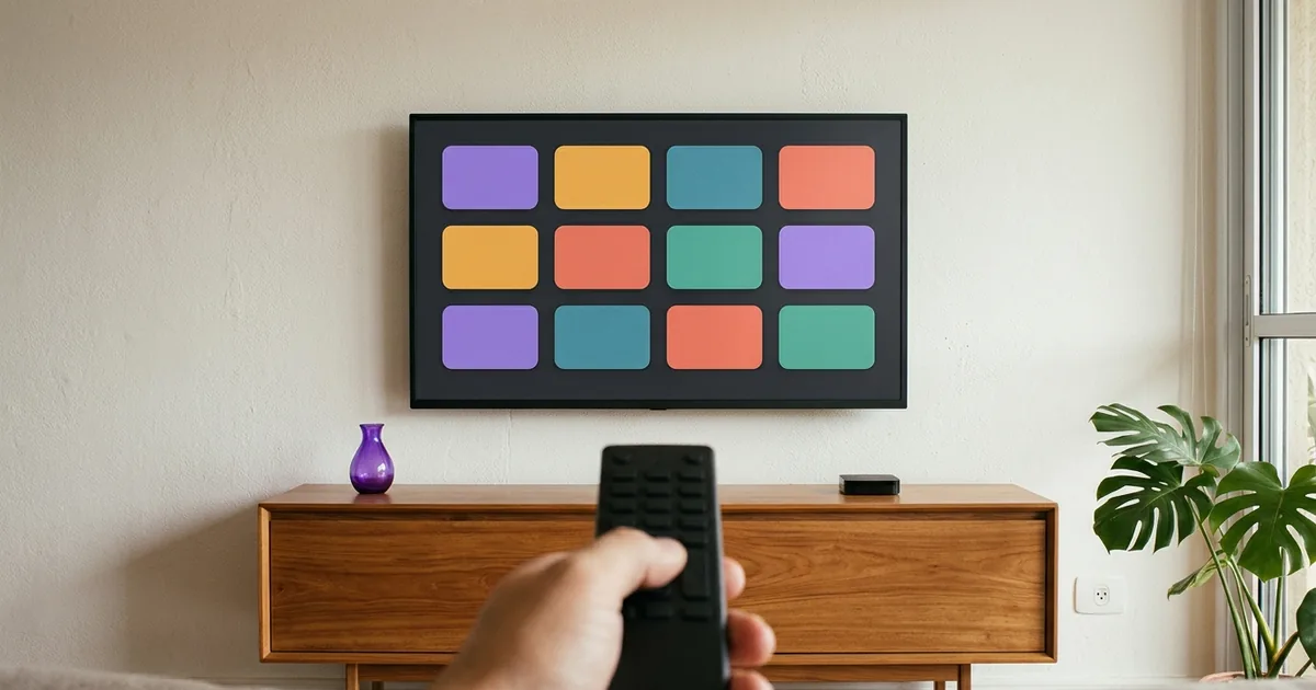 Sala com TV de tela grande mostrando uma grade de ícones coloridos e mão segurando o controle em primeiro plano