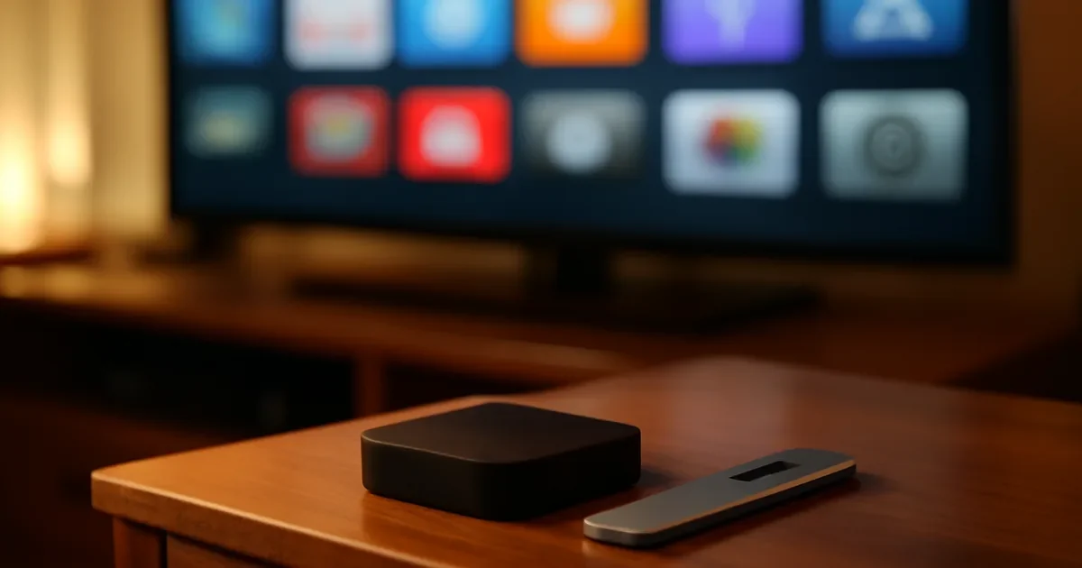 Caixa de streaming preta e controle estreito sobre uma mesa diante da TV.