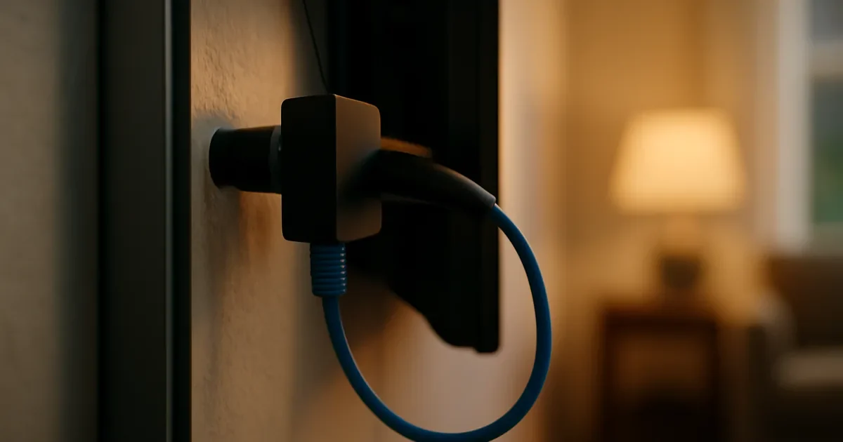 Adaptador preto ligado atrás de uma TV, com um cabo azul conectado.