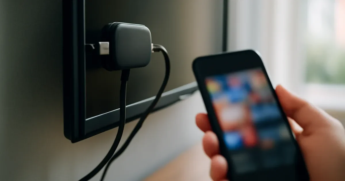 Dispositivo de streaming ligado à lateral de uma TV, com um celular à frente.