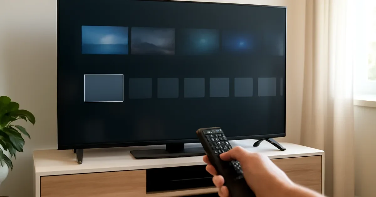 Controle remoto diante de uma Smart TV com blocos genéricos de aplicativos.