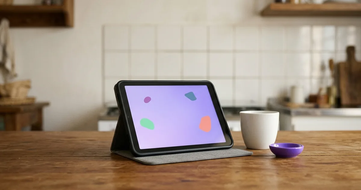 Tablet apoiado num suporte sobre a mesa da cozinha, tela com ícones coloridos e uma xícara ao lado