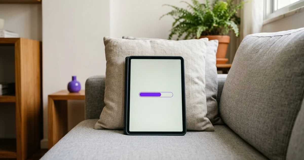 Tablet em pé numa capa sobre o sofá mostrando uma barra de progresso, com uma almofada ao fundo