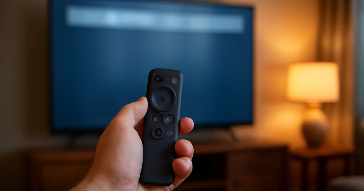Mão segura um controle remoto diante de uma TV com tela desfocada.