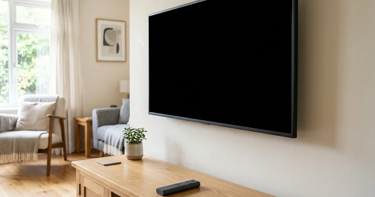 TV desligada na parede da sala, acima de um rack de madeira com vaso de planta e controle remoto