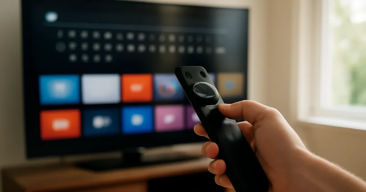 Controle remoto diante de uma TV com blocos coloridos e teclado desfocados.