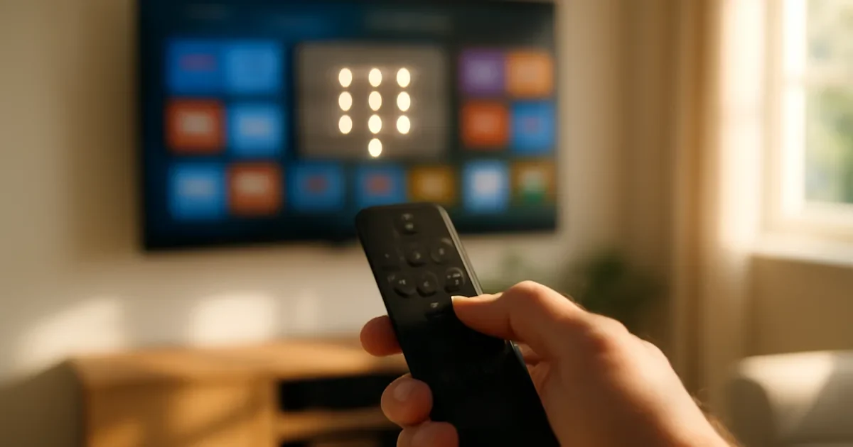 Controle remoto diante de uma TV com quatro pontos luminosos e blocos coloridos desfocados.